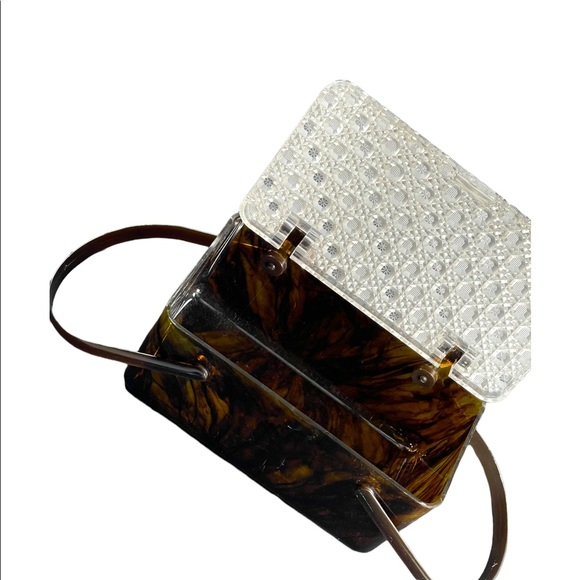 Merle Norman 1970's Faux Tortoise Shell Lucite Cosmetic Case Box box purse - Picture 4 of 9
